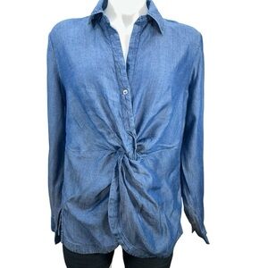 NEW YORK & COMPANY soho Blue Denim Button Knot Front Roll Tab Sleeve Shirt Sz M